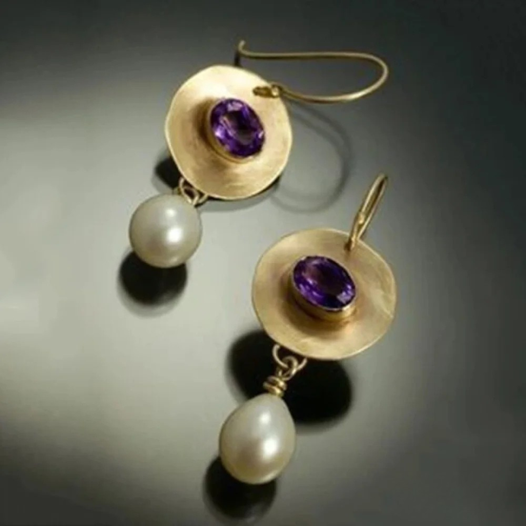 Gold Purple Zirconia Pearl Earrings